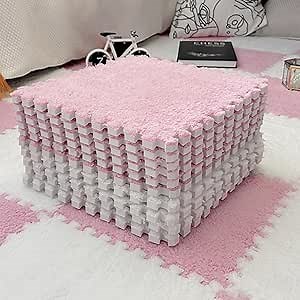 12 Pcs Kids Foam Interlocking Carpet Tiles with Border, Thick Carpet Squares Plush Floor Playmats Baby Crawling Rug - 12" x 12" x 0.4",White+Pink