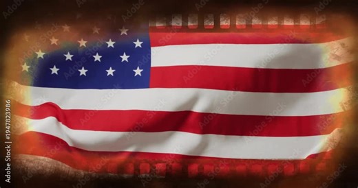 American flag rippling from subtle pulse into peak waves then settling, evoking film-strip vignette