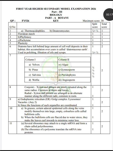 Plus one model exam 2026 botany answer key published