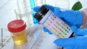 Doctor taking test tube with liquids, test with urine, Scientist doctor looking at sample in test tube. Laboratory analysis