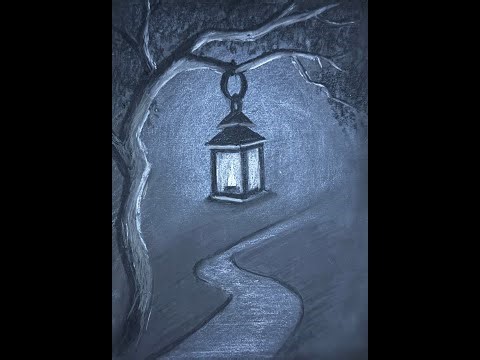 How to draw realistic night scenery with lamp - step by step for beginners
