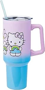 Silver Buffalo Sanrio Hello Kitty and Friends Featuring My Melody, Kuromi, Pompompurin Rainbow Ombre Double Walled Stainless Steel Tumbler with Handle and Straw, Fits in Standard Cup Holder, 40 Ounces