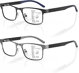 LianSan 2Pack Progressive Multifocus Reading Glasses - for Men,Mens Superior No-Line Metal Trifocal Readers with Spring Hinge(Black&Grey Multifocal,1.5x), Medium