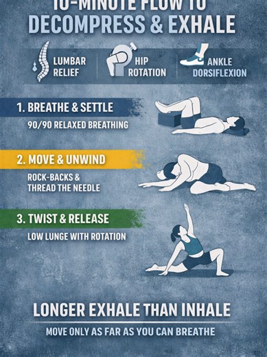 Take 10 minutes to reset your body and calm your mind with this gentle, follow-along movement flow. Designed to help you release tension in the low back, open up your hips, and improve ankle mobility, this sequence also emphasizes long, controlled exhales to support your nervous system and promote relaxation. What to expect: Phase 1 – Breathe & Settle: Begin in a comfortable position with 90/90 breathing to ground yourself and prepare your body. Phase 2 – Move & Unwind: Gentle movements includin