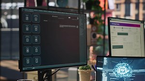 Technical support specialist in call center office doing troubleshooting helped by artificial intelligence tech. IT worker fixing customer connectivity issues using AI LLM chatbot, camera A