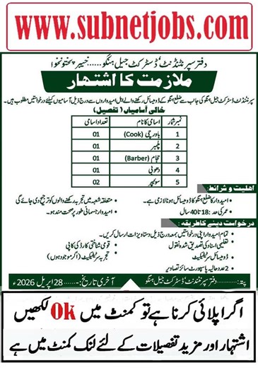 District Jail Jobs 2026 Latest Government Jobs Pakistan | Today Govt Police Jobs 2026 | Class IV