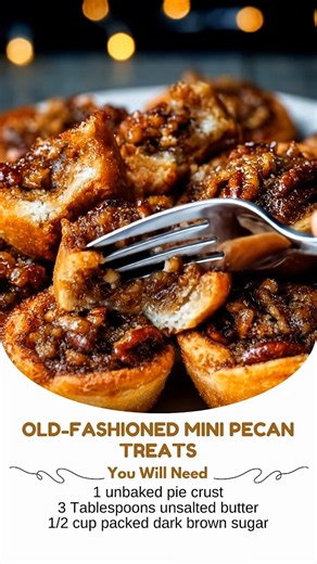 Old-Fashioned Mini Pecan Treats Ingredients: - 1 unbaked pie crust (what I used) or all butter pie crust* - 3 Tablespoons (43g) unsalted butter - 1/2 cup (100g) packed dark brown sugar - 1 large egg - 1 teaspoon pure vanilla extract - 1/4 teaspoon ground nutmeg - 1/2 teaspoon ground cinnamon - 3/4 cup (100g) chopped pecans - Coarse sea salt or flaky sea salt for sprinkling Directions: 1. Prepare the pie dough the night before, as it needs to chill in the refrigerator for at least 2 hours before 