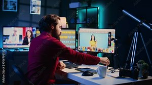 Photographer using phone on tripod to record explaining basic photography editing techniques for beginners, selling online course. Expert photo editor filming picture adjusting tutorial, panning shot