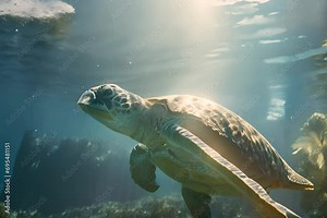 Abstract representations of sea turtles, the oceanic guardians facing threats, to raise awareness about their conservation.