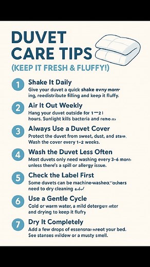 Keep your duvet fresh, fluffy, and feeling like new! 🛏️✨ These simple care tips make a BIG difference, from shaking it daily to airing it out and washing it the right way. A cleaner, comfier bed starts here! 💛🙌 #CleaningWithMrsKay #HomeCareTips #DuvetCare #FreshAndFluffy #BedroomHacks #CleaningHacks | Cleaning with Mrs Kay