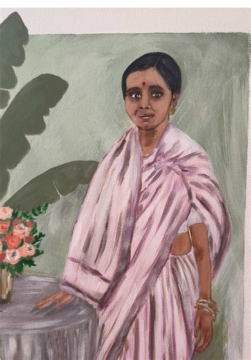 This month I recreated an old photograph taken in the early 1940s in Vijaywada, India of my paternal grandmother when she was a teenager as a birthday gift for my dad. This piece pushed me out of my comfort zone. The poor quality reference photo made it difficult and brought up a lot of self-doubt. I was nervous I wouldn’t capture her likeness or honor her bold personality from just the photo so I painted some features and skin tone from memory when I last saw her as a child. Seeing my dad’s rea
