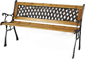 Gardenised QI003462L Outdoor Classical Wooden Slated Park Bench, Steel Frame Seating Bench for Yard, Patio, Garden, Balcony, and Deck