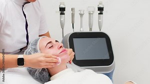 A cosmetologist cleanses the facial skin with napkins before a professional cosmetic procedure in a beauty salon for a client. Skin care and cosmetology spa concept. Stock Video