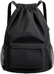 Sports Drawstring Backpack String Swimming Gym Bag Backpack with Shoes Compartment and Pocket for Men Women (black)