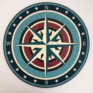 Compass Rose Floor Medallion | Nautical Wall Art | Mosaic Tile | Navy and Red Marble | Entryway Bathroom Floors - Etsy