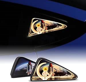 for Tesla Model 3 2017 2018 2019 2020 2021 2022 2023 2024 LED Rear Back Quarter Window Light Rocket Aerospace Theme Decoration Lights Kits Exterior Accessories DC 15V (Gold)
