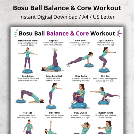 Half Ball Balance & Core Workout Poster, Stability Ball Balance Exercises Chart PDF, Home Gym Core and Stability Exercises Workout for Women - Etsy