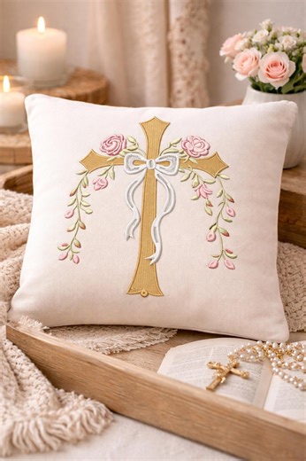 Floral Cross Embroidery Design, Christian Machine Embroidery, Instant Digital Download, Pastel Roses and Ribbon Stitch Pattern
