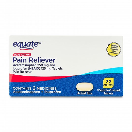 Equate Dual-Action Acetaminophen 250 mg and Ibuprofen (NSAID) 125 mg Pain Reliever Caplets, 72 Count, Compare to Advil® Dual Action Active Ingredients