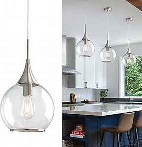 Pendant Lights Kitchen Island: Brushed Nickel Light Fixture Farmhouse with Clear Glass - 10 Inch Mid Century Globe Kitchen Lighting Fixtures Ceiling for Hallway