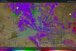 9:00 PM MST Radar: The Phoenix terminal doppler radar, located just southwest of downtown, is showing a push of winds from the north and from the west, as indicated with the green inbound (toward the radar) velocities/winds. Wind gusts up to 20-25 mph are anticipated. This is not expected to generate storms. | US National Weather Service Phoenix Arizona
