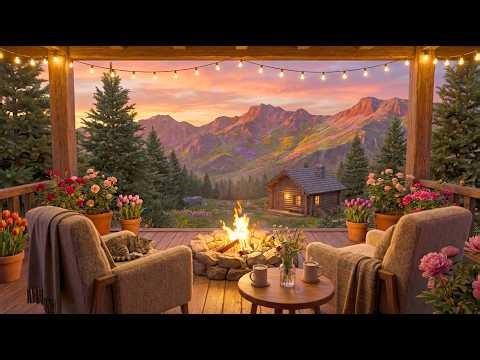 Spring Mountain Sunset Fire Pit 🌸 Cozy Cabin Porch Evening Ambience for Sleep & Relax