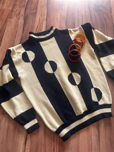 80s Mod Revival Sweater – Black & Cream Geometric Stripe + Dot – Ska / Two-tone Vibes - Etsy