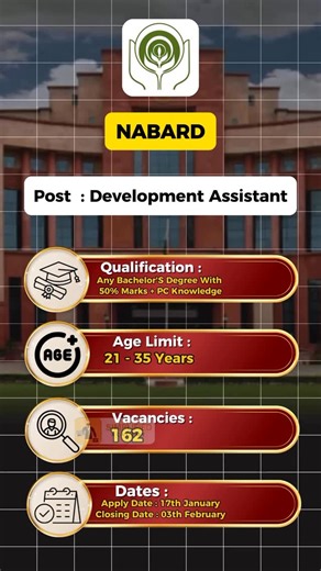 Simplified Media Network (SMN) on Instagram: "💼 (NABARD) & Promotion Board - Recruitment 2026 📌 Apply Date : 17th January 📌 Closing Date : 3th February 💼 Post : Development Assistant 💼 Qualification : Any Bachelor’s Degree with 50% marks + PC Knowledge 💼 Age : 21 - 35 Years 💼 Vacancy : 162 🔔 Important: Always submit your application through the official website only. 🎉 Special Offer 🎉 @job_dot_in 📚 𝗕𝗲𝘀𝘁 𝟱𝟬𝟬𝟬 𝗤𝘂𝗲𝘀𝘁𝗶𝗼𝗻𝘀 𝘁𝗼 𝗕𝗼𝗼𝘀𝘁 𝗬𝗼𝘂𝗿 𝗣𝗿𝗲𝗽 – 𝗖𝗿𝗮𝗰𝗸 𝗚�