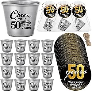 50 Sets 50th Birthday Party Favors for Guests Souvenir Shot Glasses Cheers to 50 Year Stainless Steel Shot Glasses Thank You Tag Organza Bag Twine Birthday Gift for Anniversary Wedding Shower