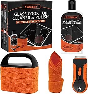 AWEASROY Glass Stove Top Cleaner Kit 12 oz, Cooktop Cleaner and Polish Non-Abrasive No Scratch Removes Tough Stains, with Scrubbing Pad, Handle, Scraper, Cloth