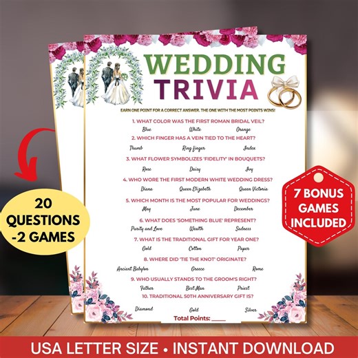 Wedding Trivia Game Printable,bridal Shower Quiz for Guests,engagement Activity,bachelorette Party Guessing Game,marriage Traditions Game - Etsy