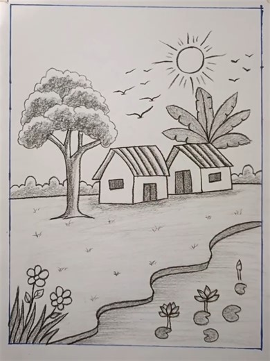 Beautiful morning village scenery drawing by pencil sketching artwork #drawing #pencildrawing #easydrawing #art #drawingandart