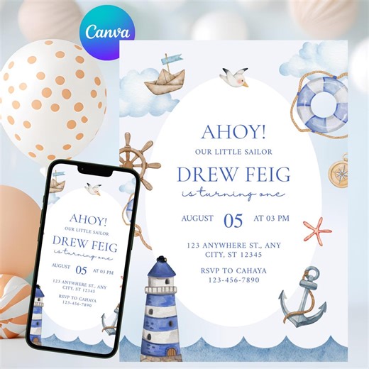 Nautical 1st Birthday Invitation Template: Sailor Theme (digital Download, Digital Cards) - Etsy