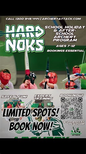 Parents! Hit the mark 🎯 these holidays! Looking for that perfect activity that combines fun, movement, skill, confidence, and socialising for your kids? Sign them up for Hard Noks - our Holiday Archery Program! We combine the thrill of games like dodgeball and lasertag with the time-honoured skill of archery! Our 2 hour sessions are designed for kids 7-12, and are expertly run with your child's safety and enjoyment in mind. Head to the link now to book, or give us a call to find out more! | Arc