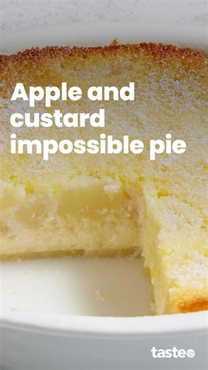 The easiest apple pie you'll ever make, this one is actually impossible to stuff up! Just one bowl, a handful of ingredients and you get a golden, self-forming crust with a custardy centre full of apples. No rolling, no fuss, just slice and serve magic. If you'd like this recipe Google 'Taste Apple and custard impossible pie'. Recipe by @kitcheninkau. #impossiblepie #custarddessert #applepie #baking #homemadedesserts #comfortfood #easyrecipes #sweettooth #dessertideas #fruitdesserts | Taste.com.