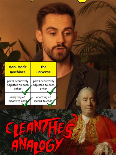 Hume's teleological argument (through the character Cleanthes) is an argument from analogy that can be summarised like this: 1. The universe is like a man-made machine (e.g. there is an adapting of means to ends that is common to both) 2. We know that man-made machines are the result of an intelligent designer 3. Similar effects usually have similar causes 4. So, by analogy, the universe is also the result of an intelligent designer 5. This designer is God This is just a clip - the full video on
