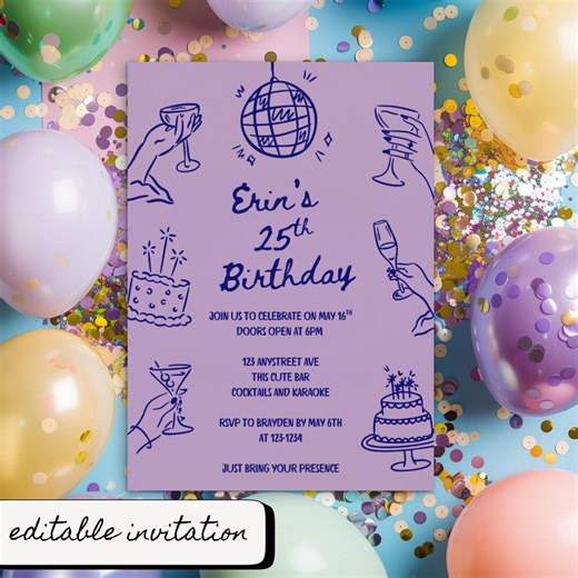 Cocktail Birthday Party Invitation Template, Editable 5x7 Printable Invite, Any Age, Bar and Karaoke - Etsy