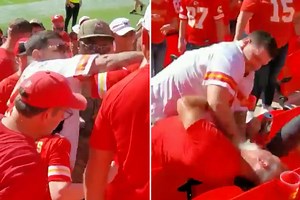 Shock moment Chiefs fan gets KNOCKED OUT & punched in violent stand brawl