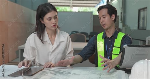Entrepreneur explains custom DIY workpiece requirements to an engineer, reviewing parts, design options and prototype specifications in a workshop during development planning.