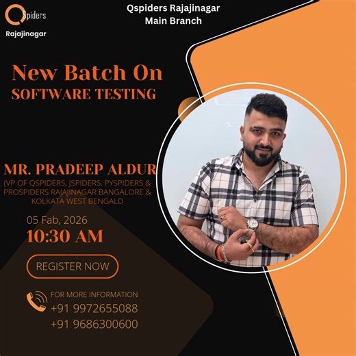 QSpiders Rajajinagar (MAIN BRANCH) on Instagram: "🚀 New Demo Batch on Software Testing is here! Get expert insights, industry guidance, and a clear roadmap to start your testing career. 🗓️ Feb 02, 2026 ⏰ 10:30 AM 👨‍🏫 Mr. Pradeep Aldur VP – QSpiders, JSpiders, PySpiders & ProSpiders 📍 Rajajinagar | Bangalore & Kolkata 📞 Register now & step into the IT world with confidence! #SoftwareTesting #TestingDemo #QSpiders #QSpidersRajajinagar #SoftwareTestingCareer #ManualTesting #AutomationTesting