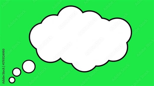 white thought bubble with black outline on green screen, blank speech cloud with tail dots animated thinking cloud for video overlays and compositing explainer videos and graphic design