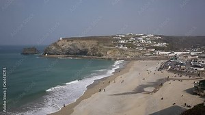 Portreath Cornwall elevated view beach waves and sea on a beautiful day