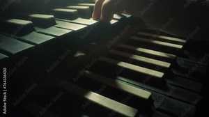 grand piano keyboard, camera moves forwards to the right, closeup, slow motion, dark, black
