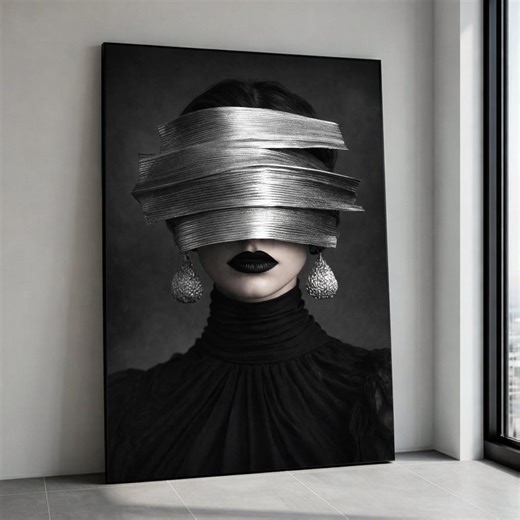 Avant-Garde Portrait Canvas, Modern Black and Silver Wall Art, Abstract Fashion Design, Contemporary Home Decoration, Canvas Print Art