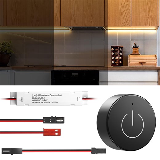 DC 12V/24V Wireless Touch Dimmer Switch and Receiver Kit with 2pins JST Connector, Wireless Remote led Light Controller for Cabinet, Closets， Wardrobes Lights Include 12v to 24v