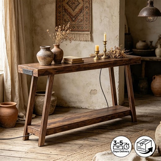 Rustic Wood Console Table With Charging Station, 53.9" Long Entryway Table - Etsy