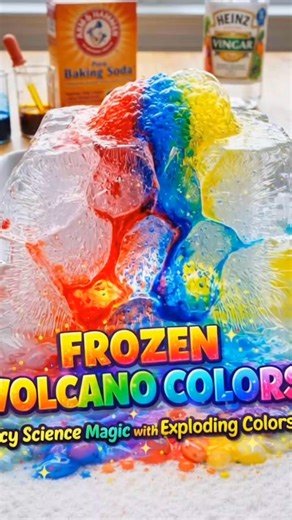 🌋 Frozen Volcano Colors – Icy Science Magic! ❄️🌈 🎨 What You’ll Need: Water Baking soda Ice cube tray or small container Food coloring (red, blue, yellow, green) White vinegar Dropper or small spoon Tray or shallow dish 🪄 How to Make It: 1️⃣ Mix water with baking soda (about 2 tablespoons per cup) and pour into a container. Freeze until solid. ❄️ 2️⃣ Remove the frozen “volcano” and place it on a tray or shallow dish. 3️⃣ Drip food coloring over the ice in different spots. 🎨 4️⃣ Slowly pour o