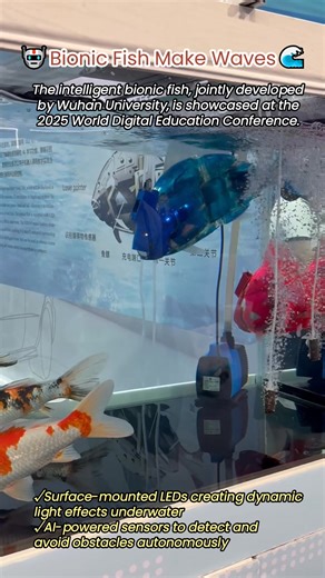 🤖Bionic Fish Make Waves!🐟🌊 🌟May 14-16, 2025 | The World Digital Education Conference kicks off in Wuhan, Hubei, China! 💡The Intelligent Bionic Fish developed by Wuhan University STEALS THE SHOW: • Fish-like design & realistic moves 🐠 • LED light shows creating underwater disco vibes 🪩 • Smart sensors AI learning = collision-free swim team 🏊 #EdTech2025 #FutureOfLearning #SmartTech | Jimu Focus