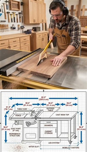 Power through precision cuts with a professional table saw setup in your workshop🔧🪚#Woodworking #DIY