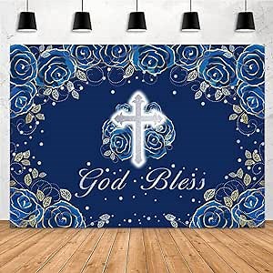 Silver Lake 7x5ft God Bless Mi Bautizo Backdrop First Communion Baptism Christening Party Cake Table Decorations for Boy Blue Newborn Baby Shower Photography Background Photo Booth Props SL093